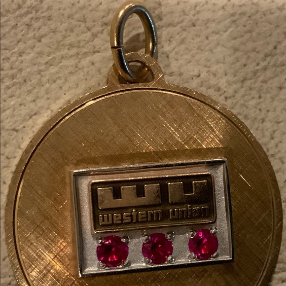 Vintage 1970s Western Union WU Gold Pendant Three Pink Amethyst Stones Jewelry - Picture 2 of 4